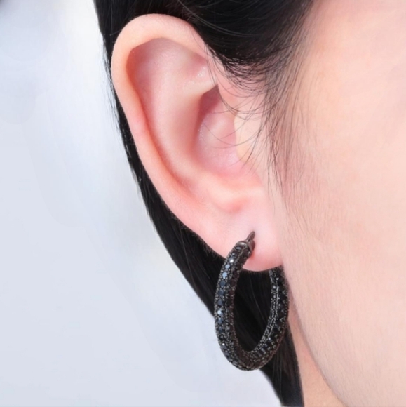 Black Pave Crystal Hoop Earrings Rhinestone Covered Blackened Metal Small Hoops - Picture 2 of 14